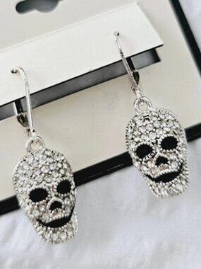 NAPIER Halloween Goth Skull Silver Clear Crystals Black Enamel Drop Earrings~NEW